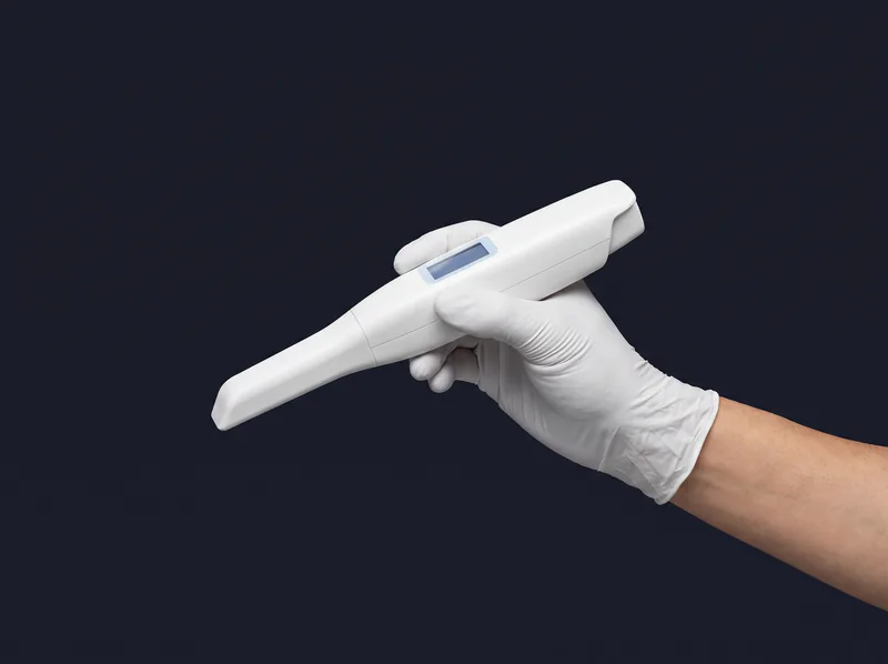 Intraoralscanner in einer Hand mit weißem Handschuh
